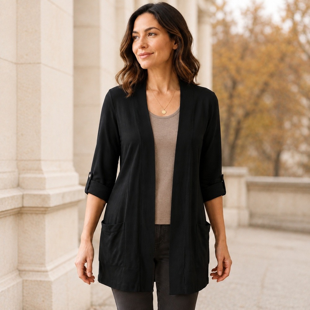 Splendid Open Front Roll Tab Sleeve Cardigan XS Black Cotton Modal Casual Basics